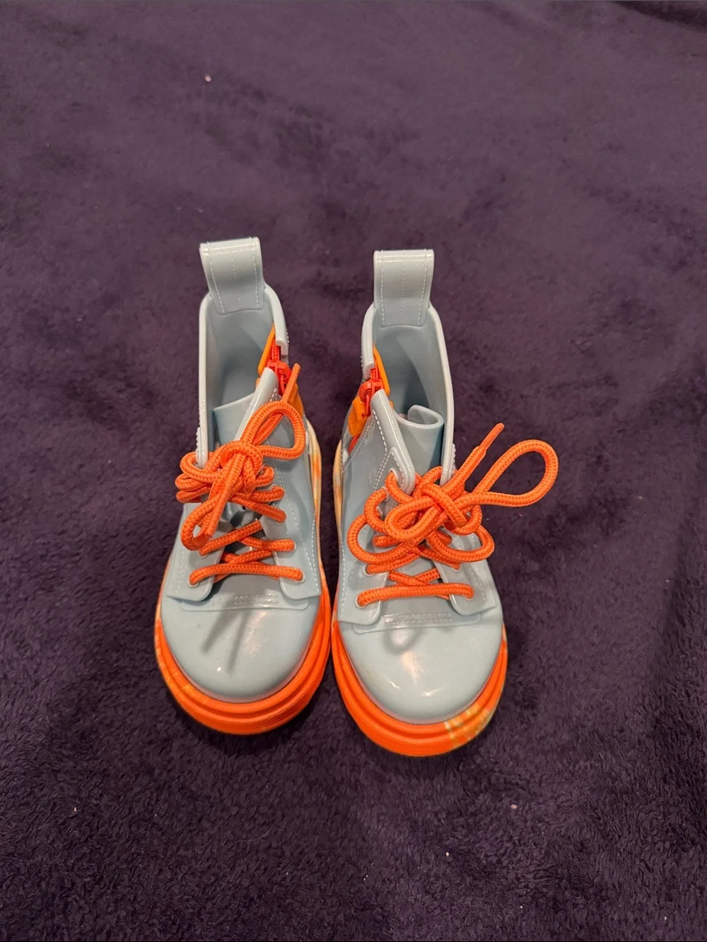 Mini Melissa Light Blue Kids Boots with Bright Orange Laces and Soles